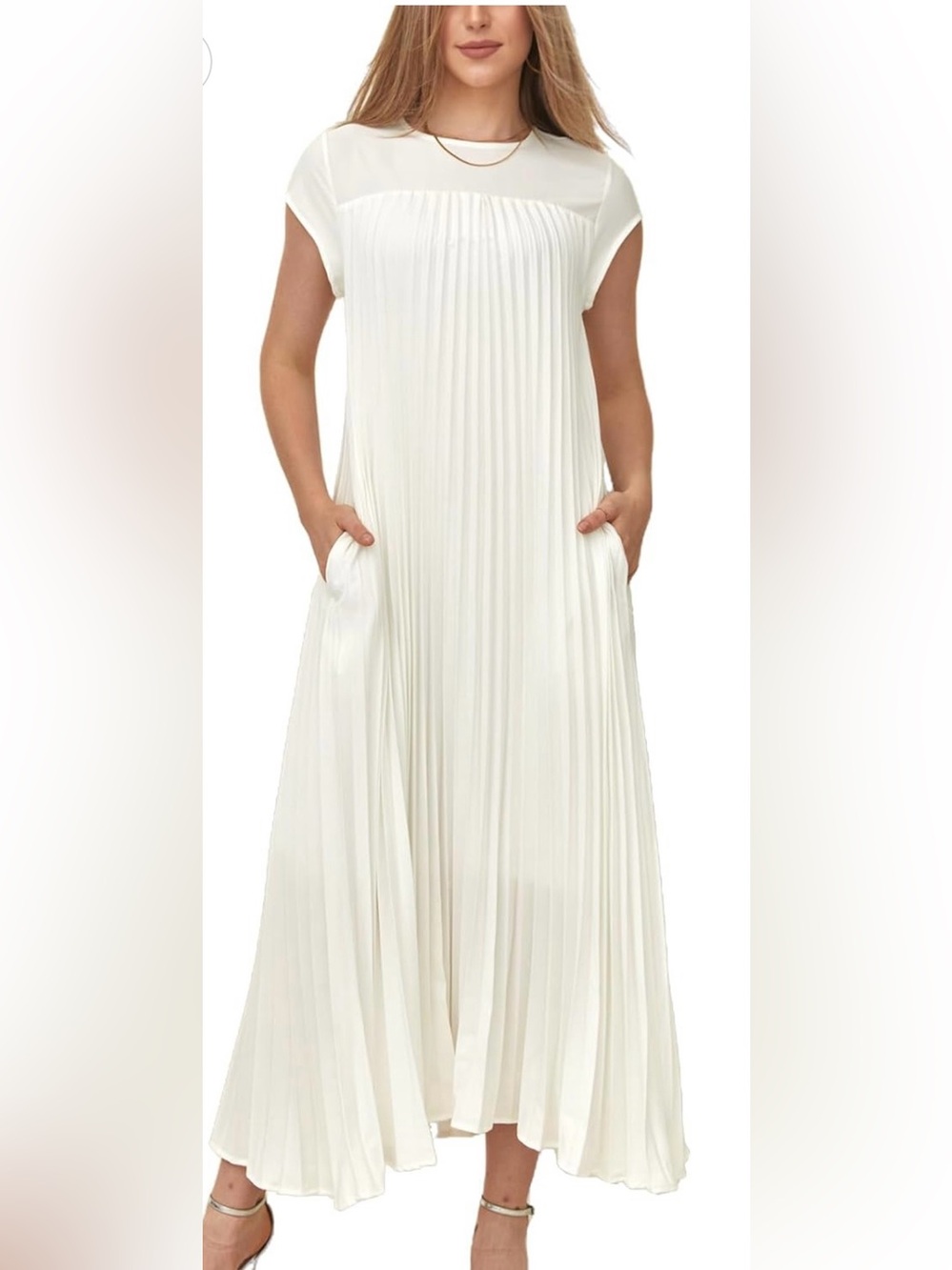 Pleated White Maxi Dress with Cap Sleeves can fit from XS to medium